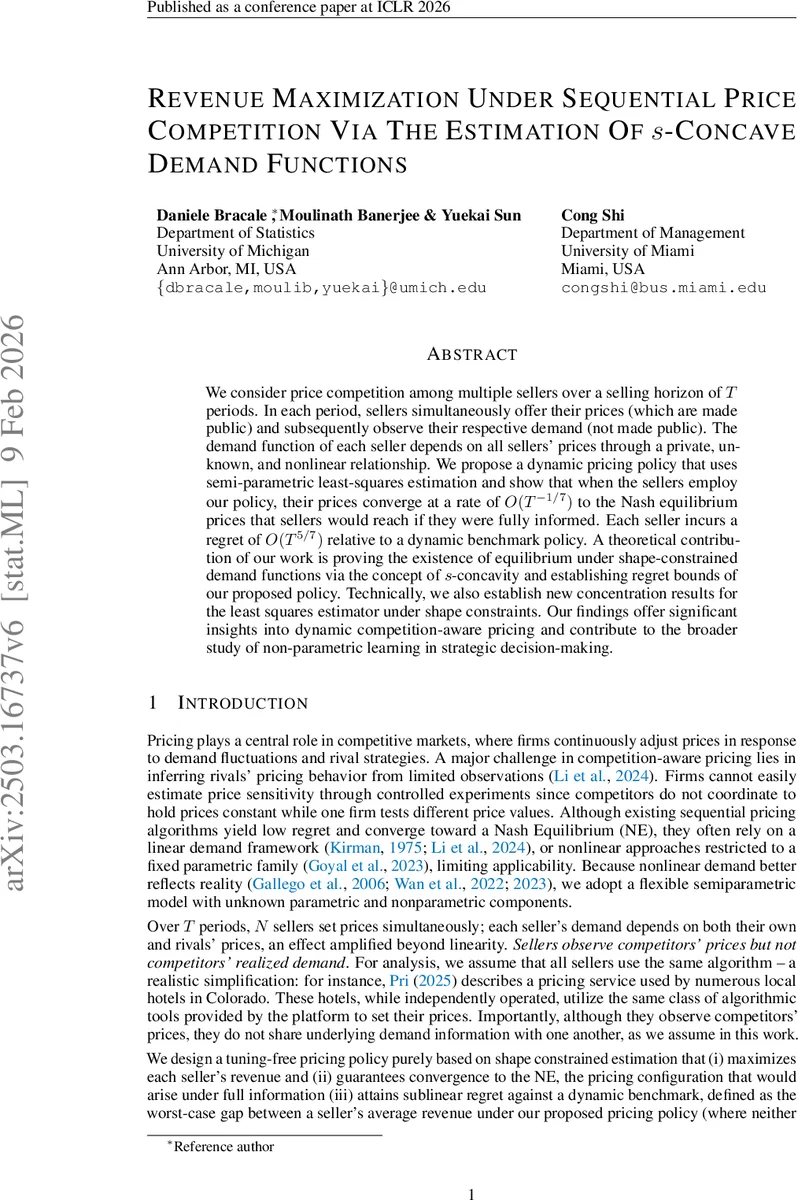 Revenue Maximization Under Sequential Price Competition Via The Estimation Of s-Concave Demand Functions