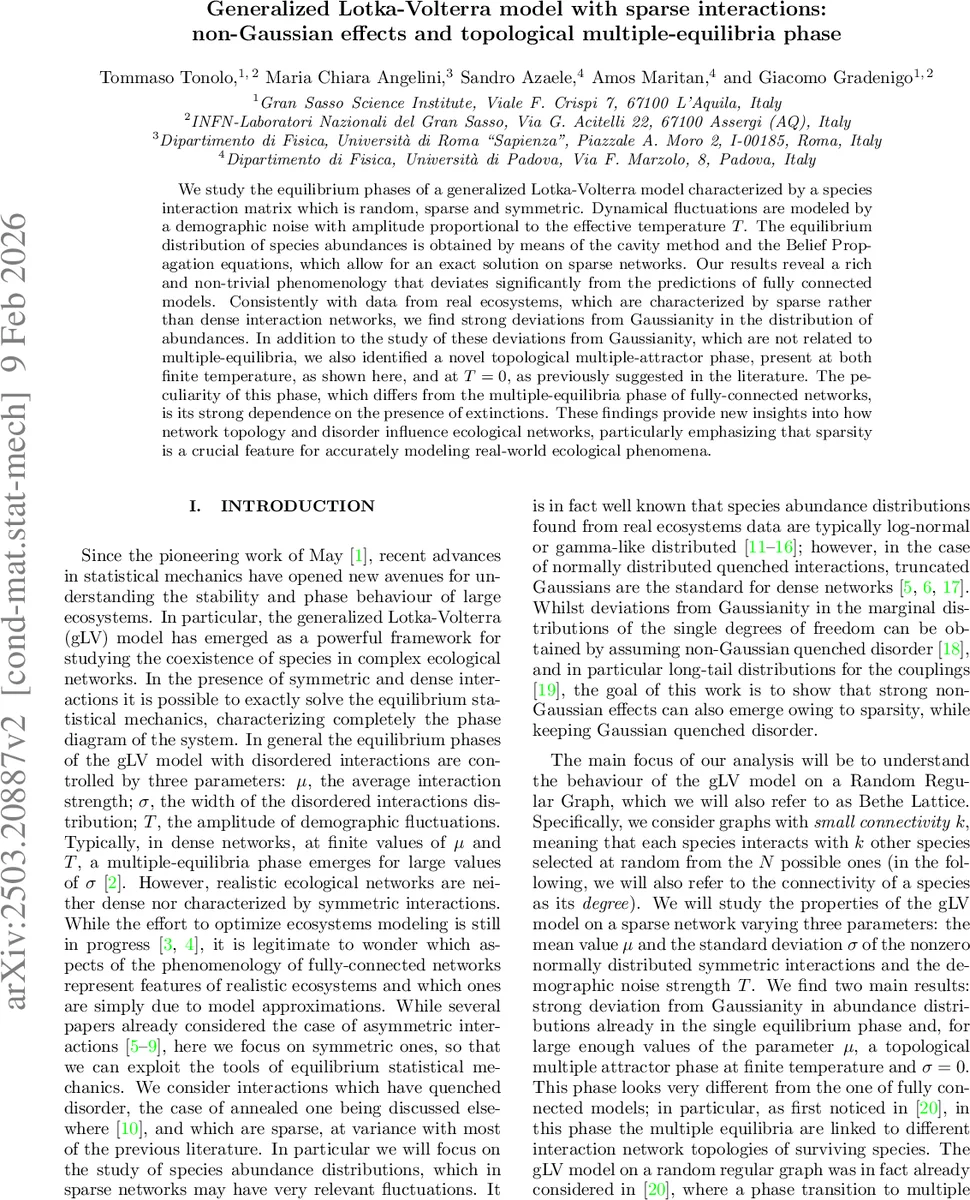 Generalized Lotka-Volterra model with sparse interactions: non-Gaussian effects and topological multiple-equilibria phase