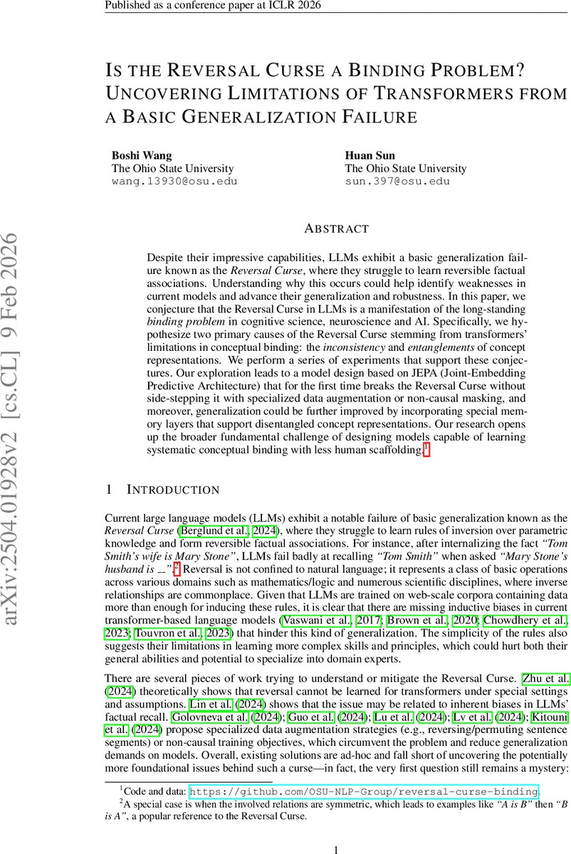 Is the Reversal Curse a Binding Problem? Uncovering Limitations of Transformers from a Basic Generalization Failure