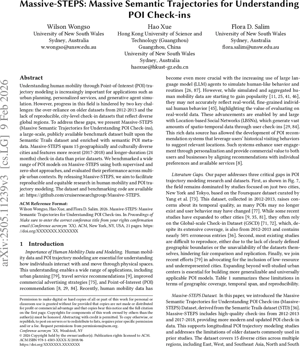Massive-STEPS: Massive Semantic Trajectories for Understanding POI Check-ins -- Dataset and Benchmarks
