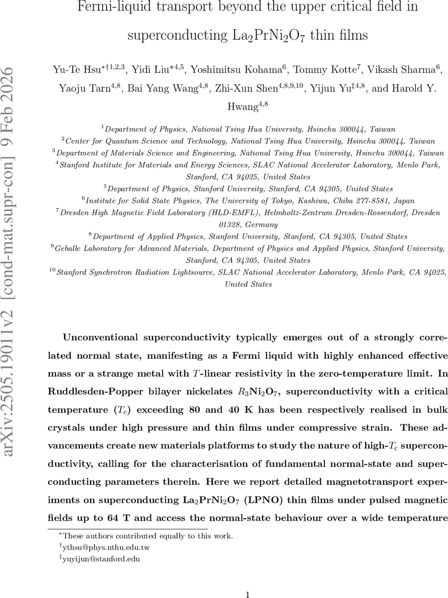 Fermi-liquid transport beyond the upper critical field in superconducting La$_2$PrNi$_2$O$_7$ thin films