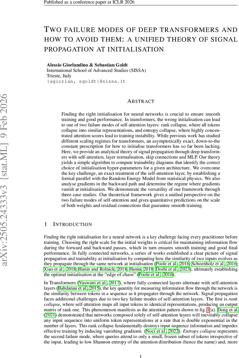 Two failure modes of deep transformers and how to avoid them: a unified theory of signal propagation at initialisation