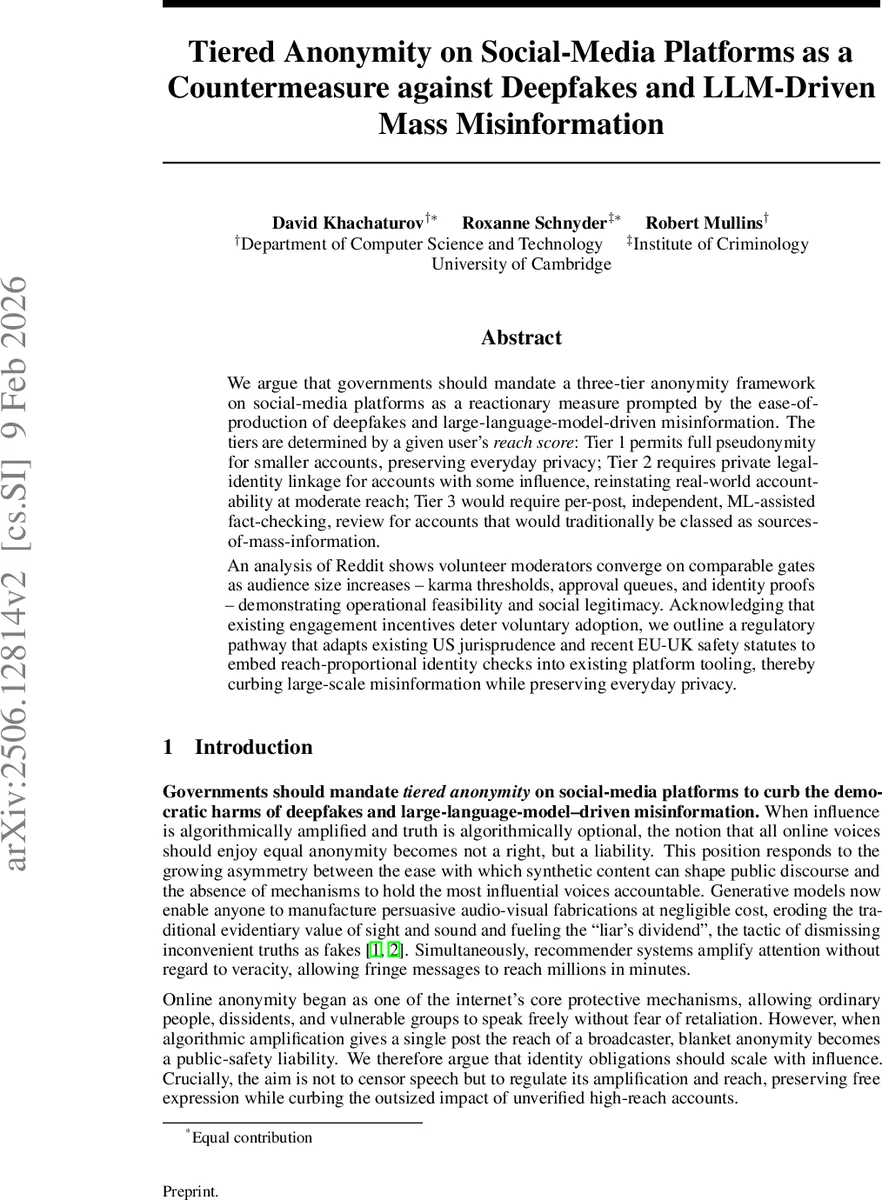 Tiered Anonymity on Social-Media Platforms as a Countermeasure against Deepfakes and LLM-Driven Mass Misinformation