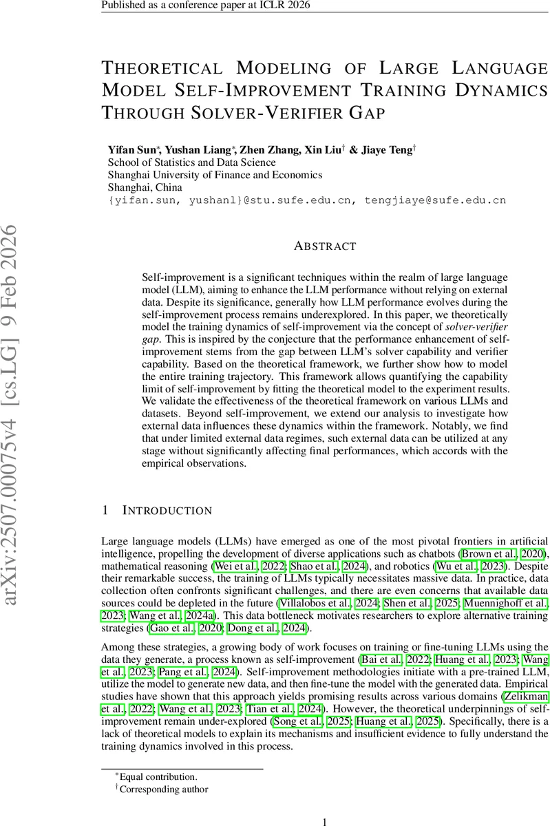 Theoretical Modeling of Large Language Model Self-Improvement Training Dynamics Through Solver-Verifier Gap