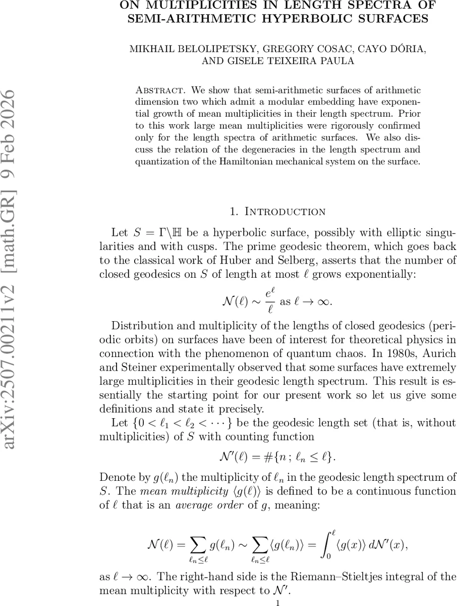 On multiplicities in length spectra of semi-arithmetic hyperbolic surfaces
