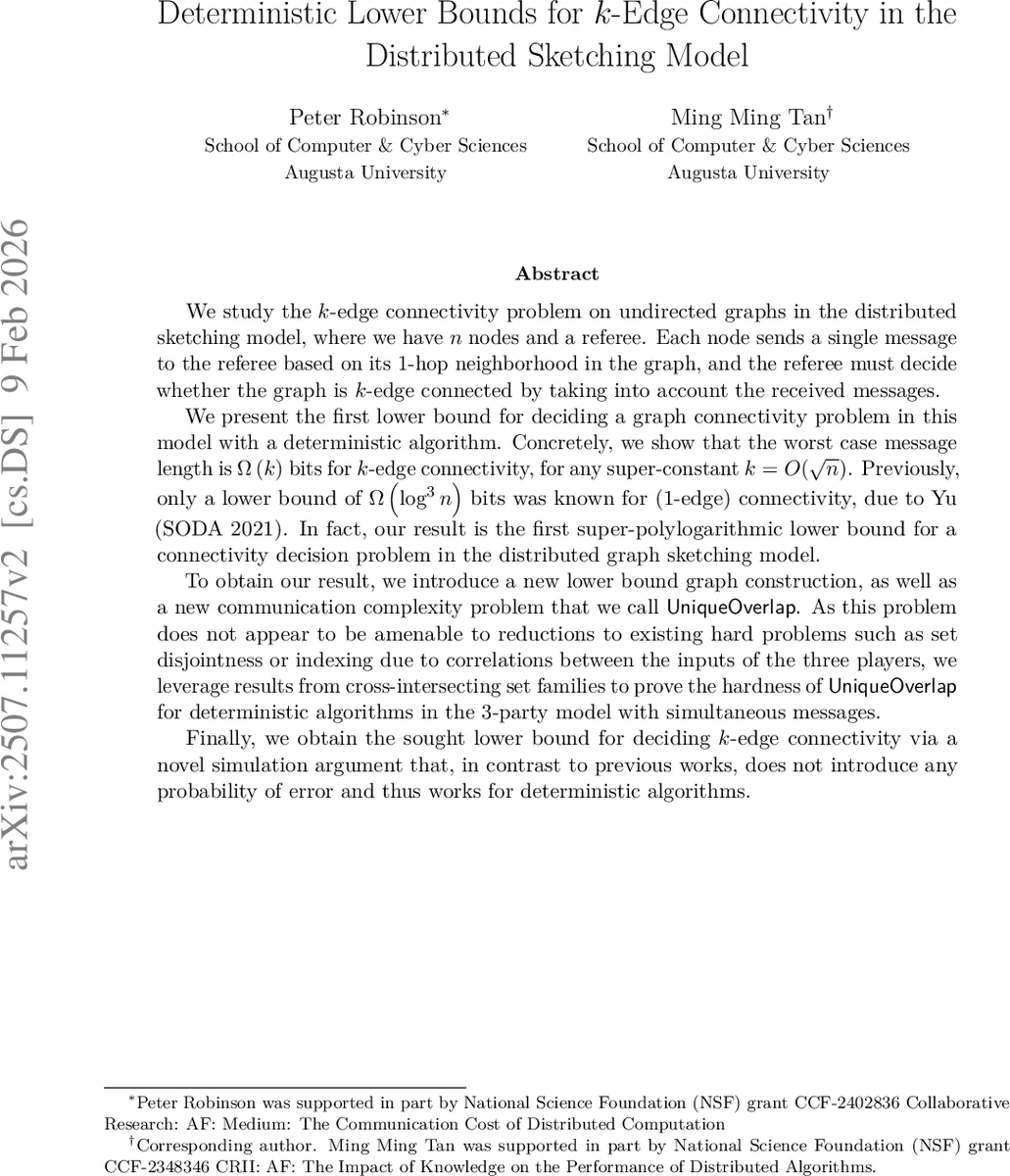 Deterministic Lower Bounds for $k$-Edge Connectivity in the Distributed Sketching Model