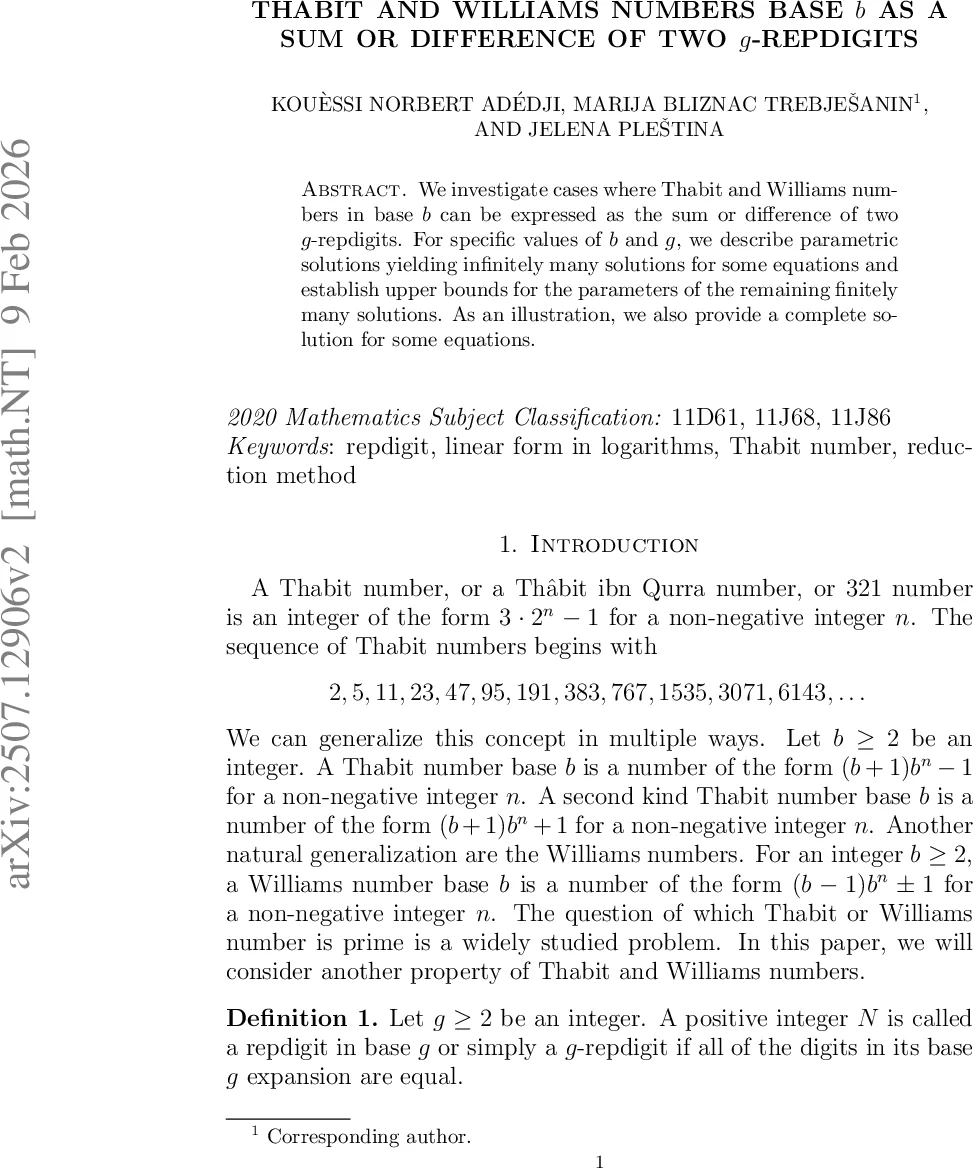 Thabit and Williams Numbers Base $b$ as a Sum or Difference of Two $g$-Repdigits