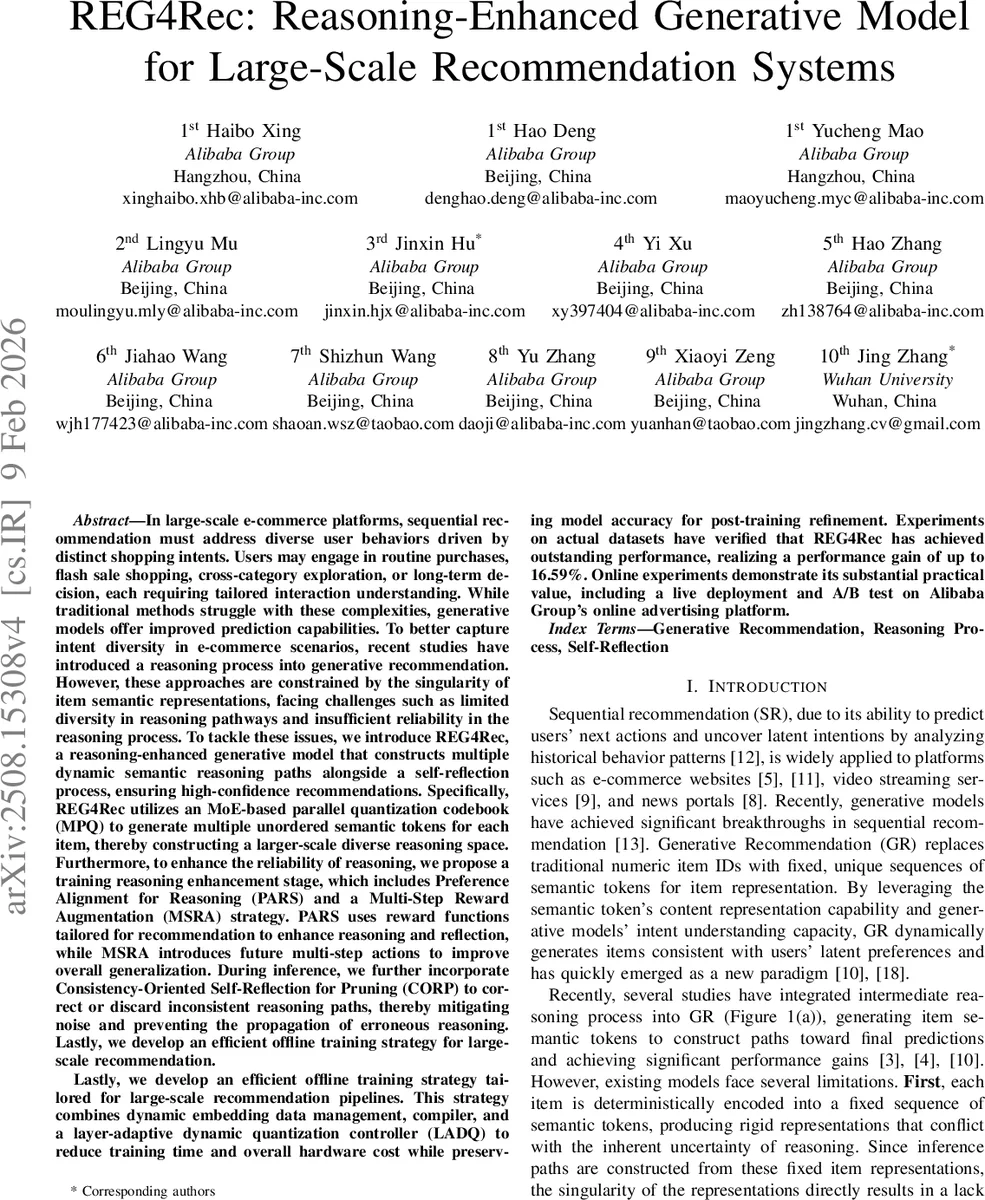 REG4Rec: Reasoning-Enhanced Generative Model for Large-Scale Recommendation Systems