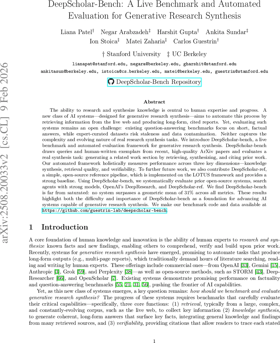 DeepScholar-Bench: A Live Benchmark and Automated Evaluation for Generative Research Synthesis