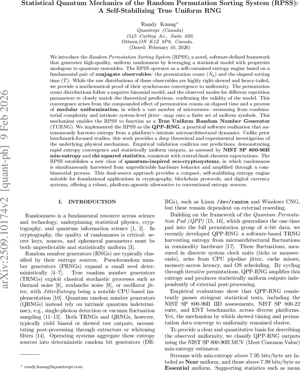 Statistical Quantum Mechanics of the Random Permutation Sorting System (RPSS): A Self-Stabilizing True Uniform RNG