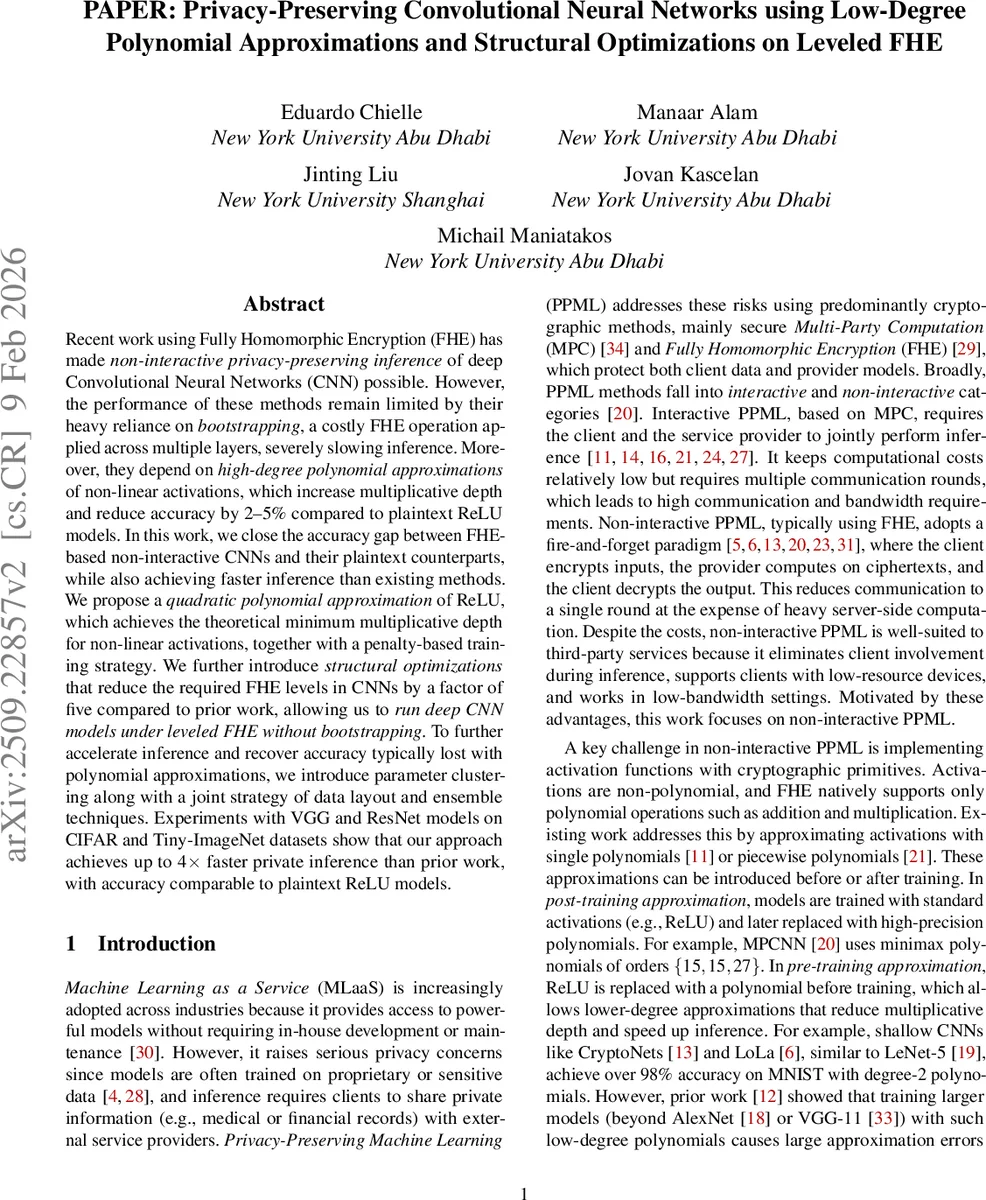 PAPER: Privacy-Preserving Convolutional Neural Networks using Low-Degree Polynomial Approximations and Structural Optimizations on Leveled FHE