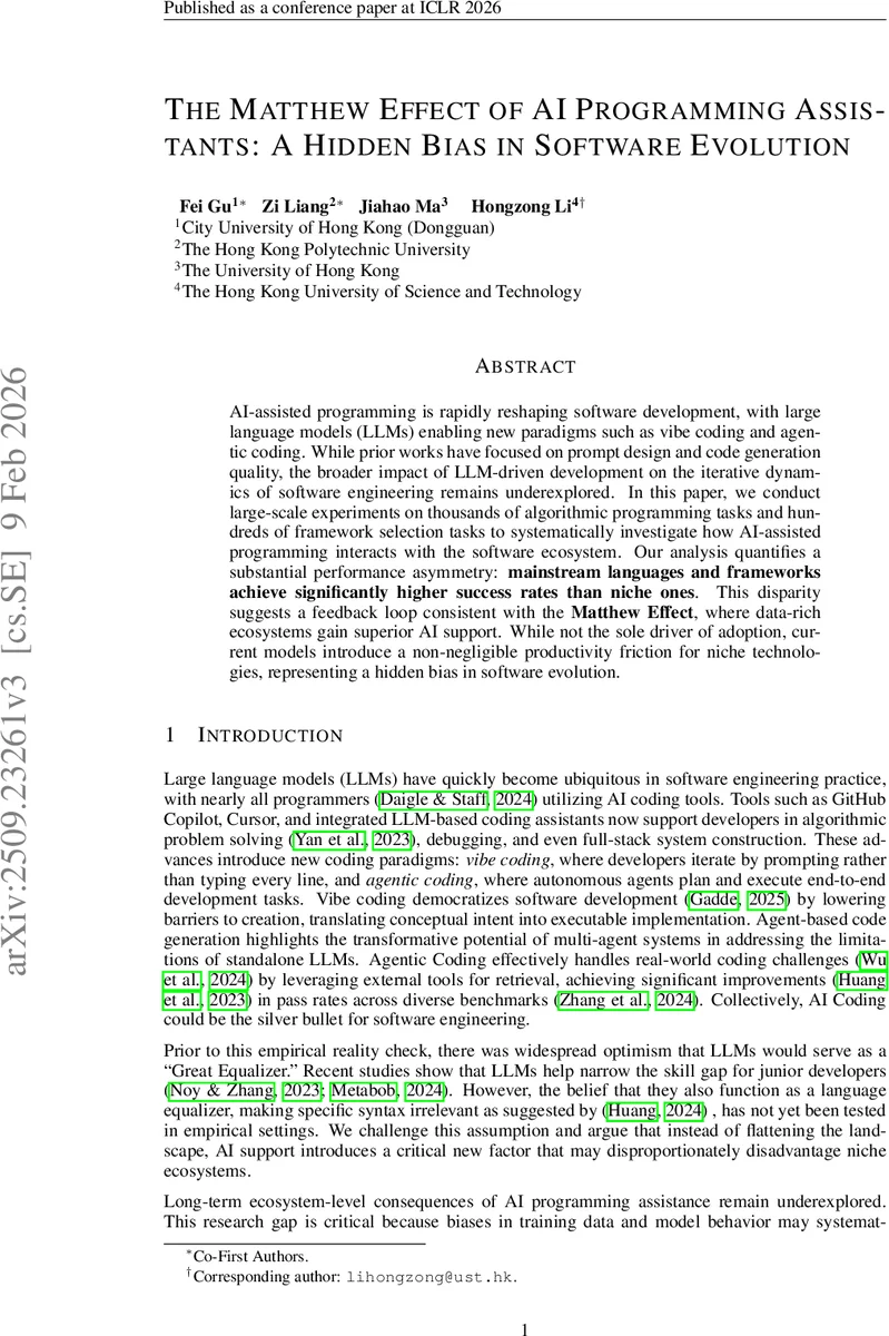 The Matthew Effect of AI Programming Assistants: A Hidden Bias in Software Evolution
