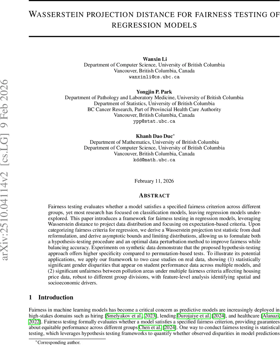 Wasserstein projection distance for fairness testing of regression models
