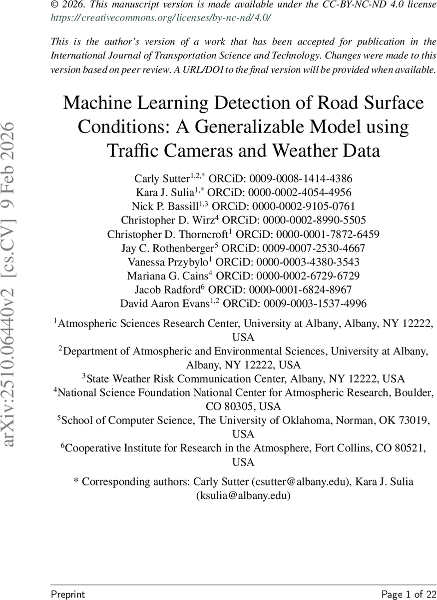 Machine Learning Detection of Road Surface Conditions: A Generalizable Model using Traffic Cameras and Weather Data