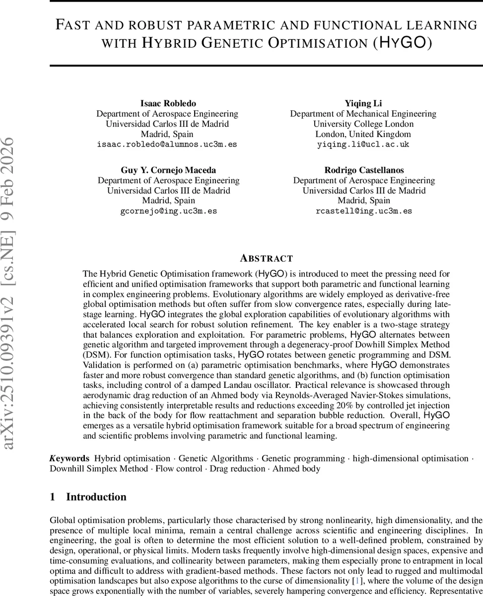 Fast and robust parametric and functional learning with Hybrid Genetic Optimisation (HyGO)