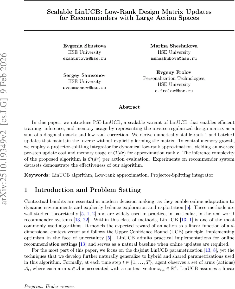 Scalable LinUCB: Low-Rank Design Matrix Updates for Recommenders with Large Action Spaces