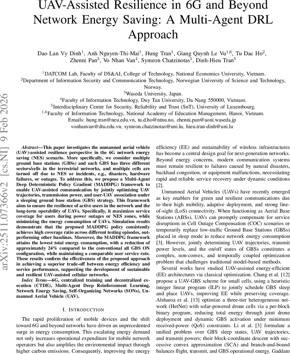 UAV-Assisted Resilience in 6G and Beyond Network Energy Saving: A Multi-Agent DRL Approach