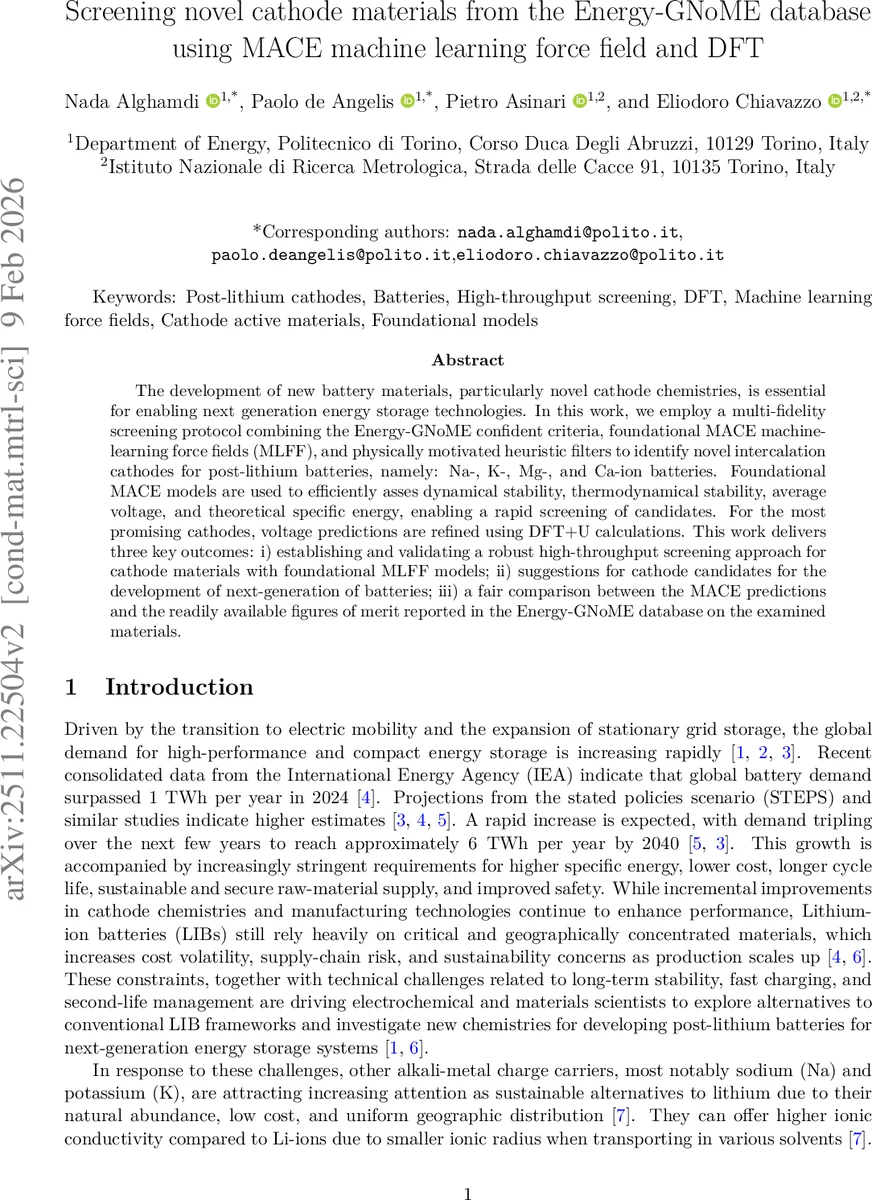 Screening novel cathode materials from the Energy-GNoME database using MACE machine learning force field and DFT