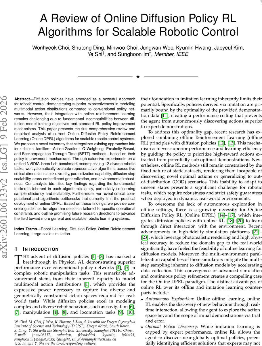 A Review of Online Diffusion Policy RL Algorithms for Scalable Robotic Control