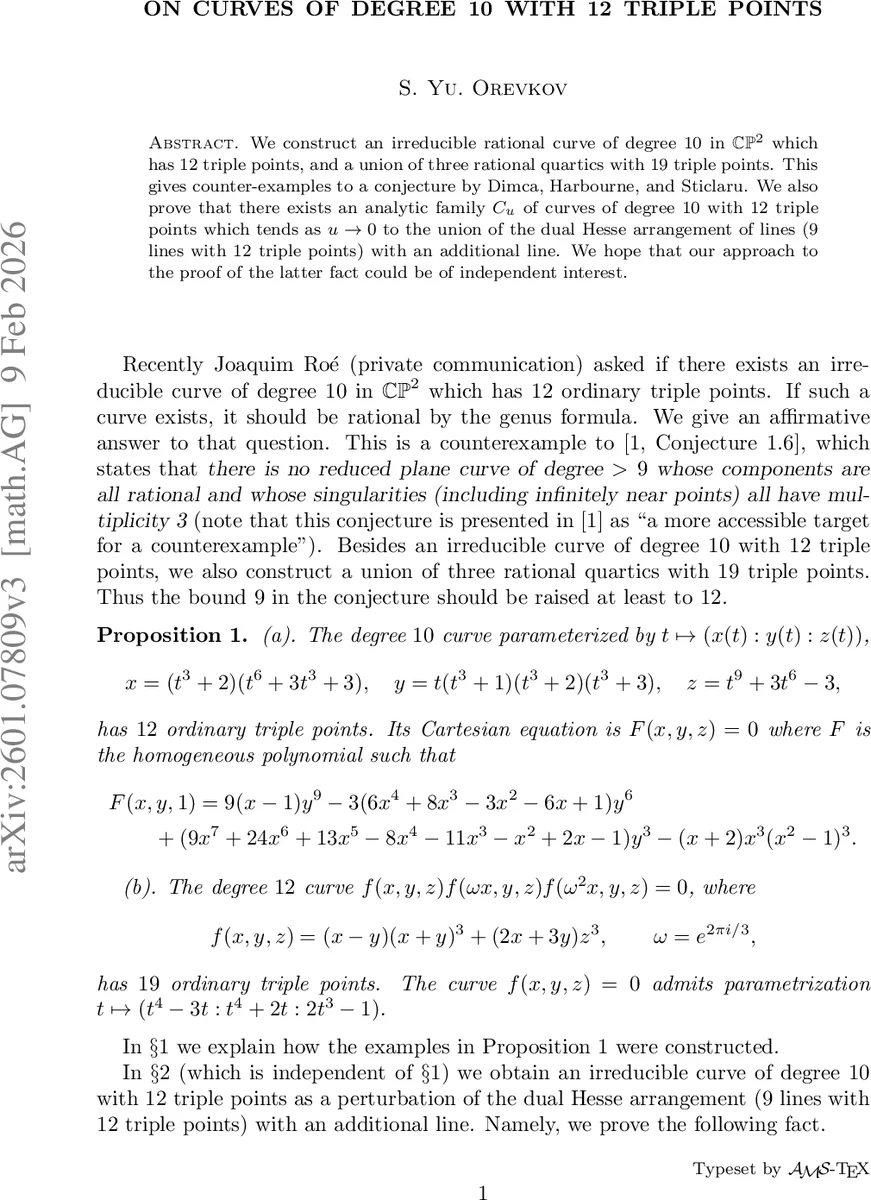 On curves of degree 10 with 12 triple points