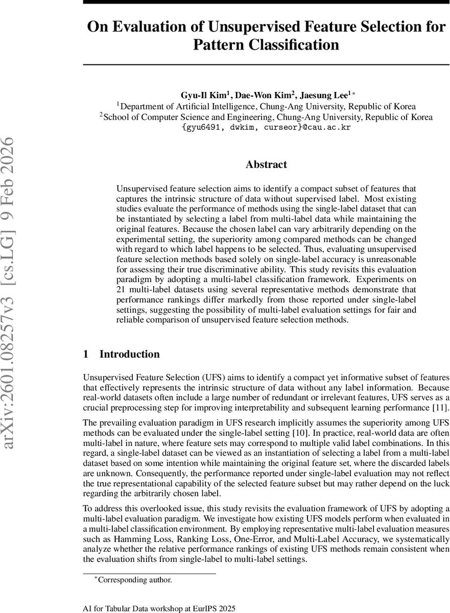 On Evaluation of Unsupervised Feature Selection for Pattern Classification