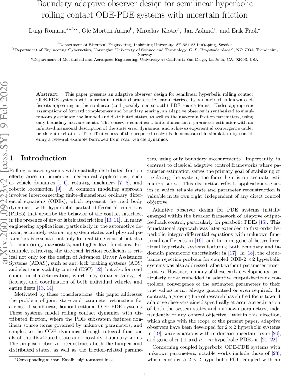 Boundary adaptive observer design for semilinear hyperbolic rolling contact ODE-PDE systems with uncertain friction
