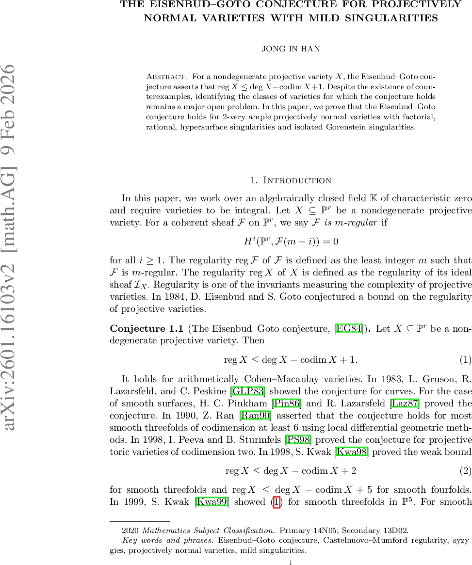 The Eisenbud-Goto conjecture for projectively normal varieties with mild singularities