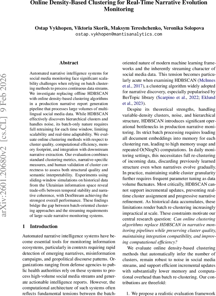 Online Density-Based Clustering for Real-Time Narrative Evolution Monitorin