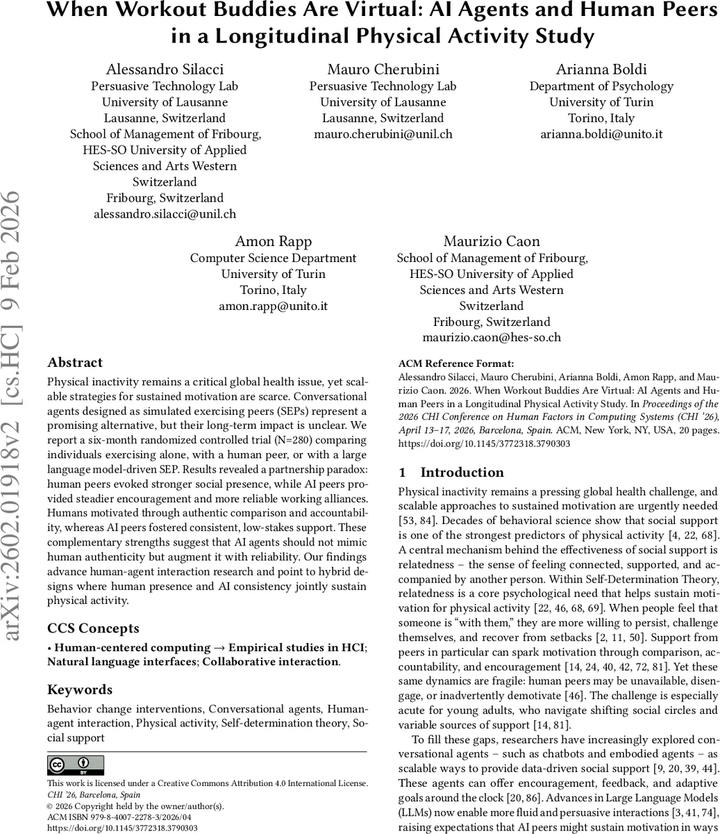 When Workout Buddies Are Virtual: AI Agents and Human Peers in a Longitudinal Physical Activity Study