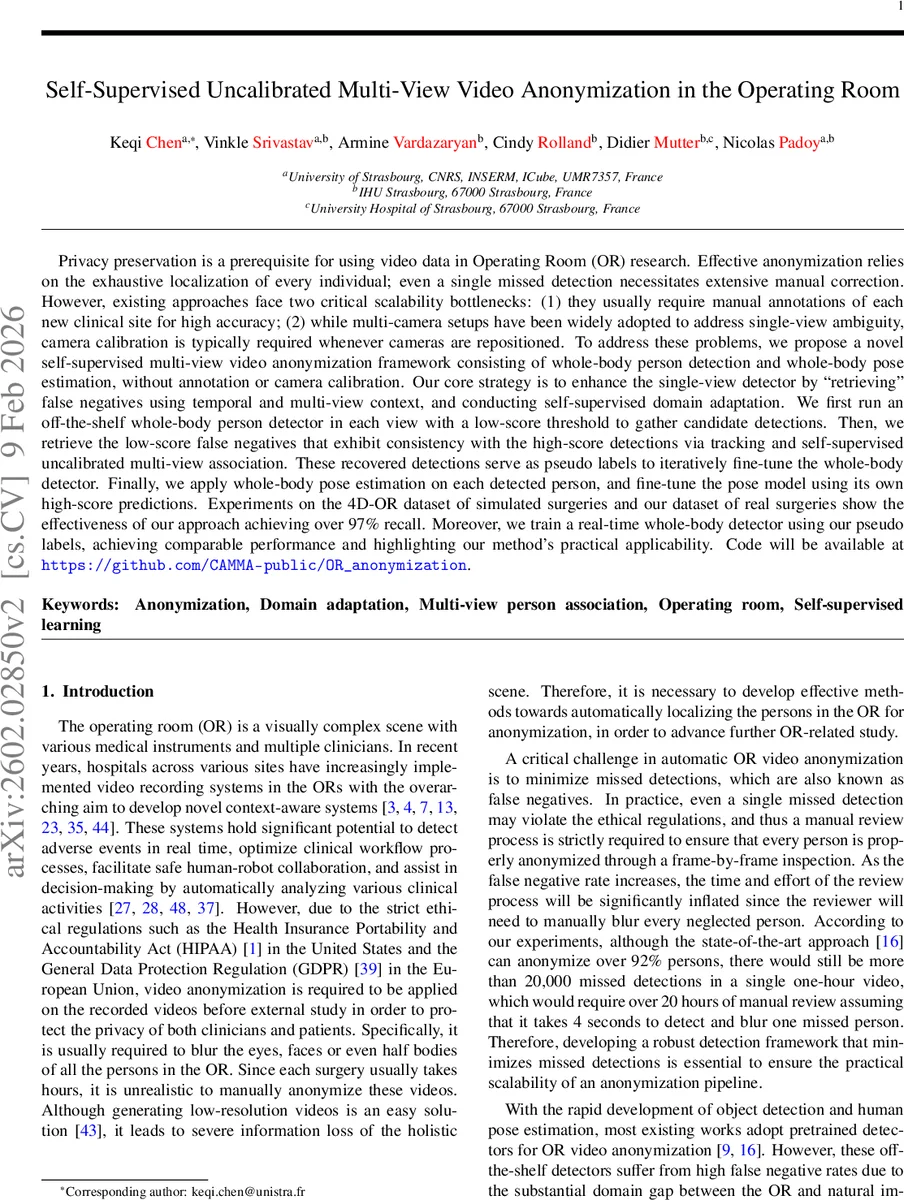 Self-Supervised Uncalibrated Multi-View Video Anonymization in the Operating Room