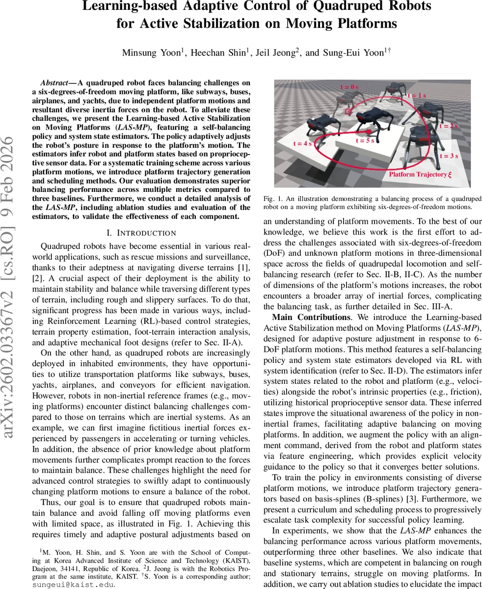 Learning-based Adaptive Control of Quadruped Robots for Active Stabilization on Moving Platforms