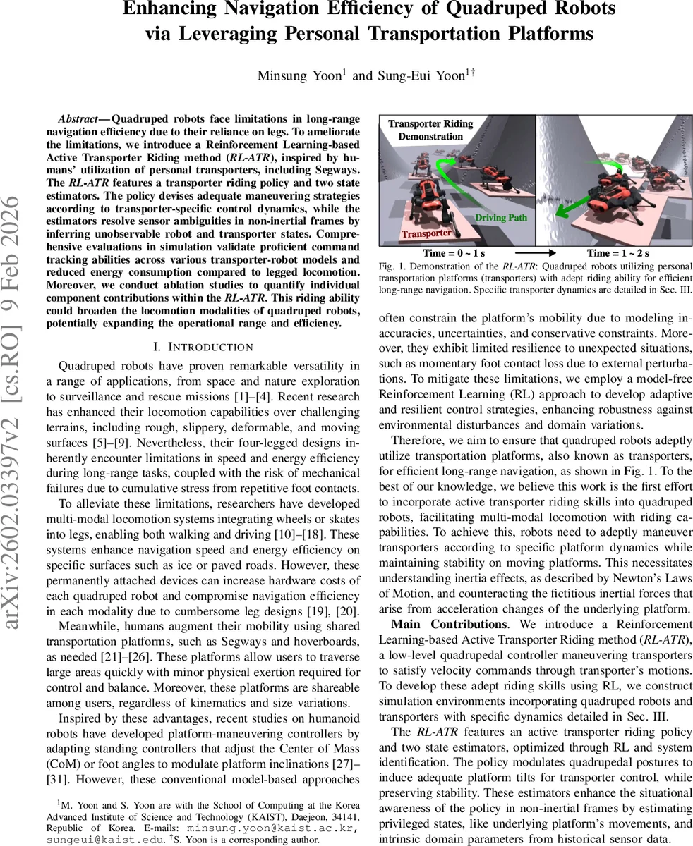 Enhancing Navigation Efficiency of Quadruped Robots via Leveraging Personal Transportation Platforms