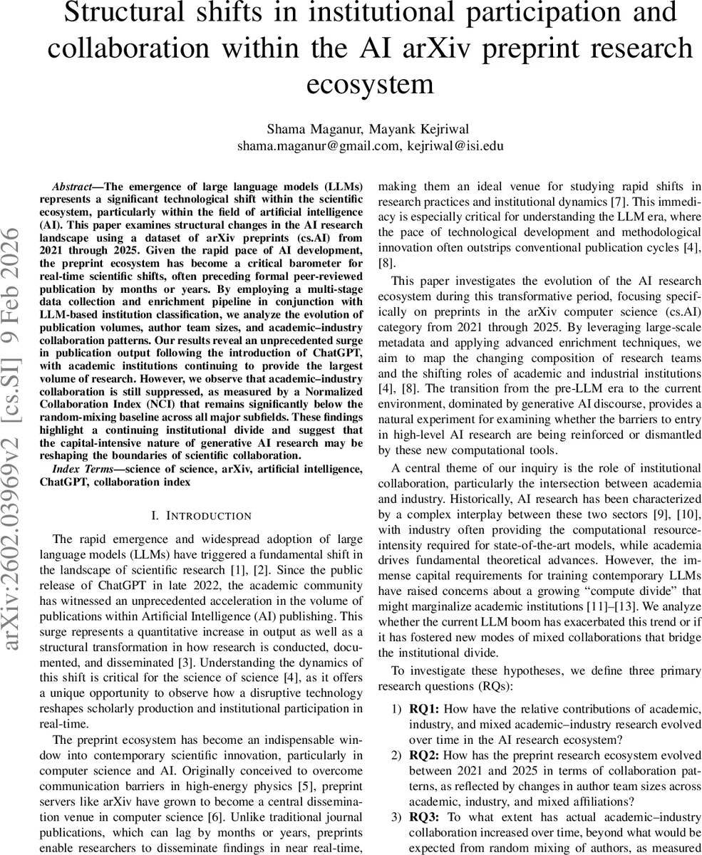 Structural shifts in institutional participation and collaboration within the AI arXiv preprint research ecosystem