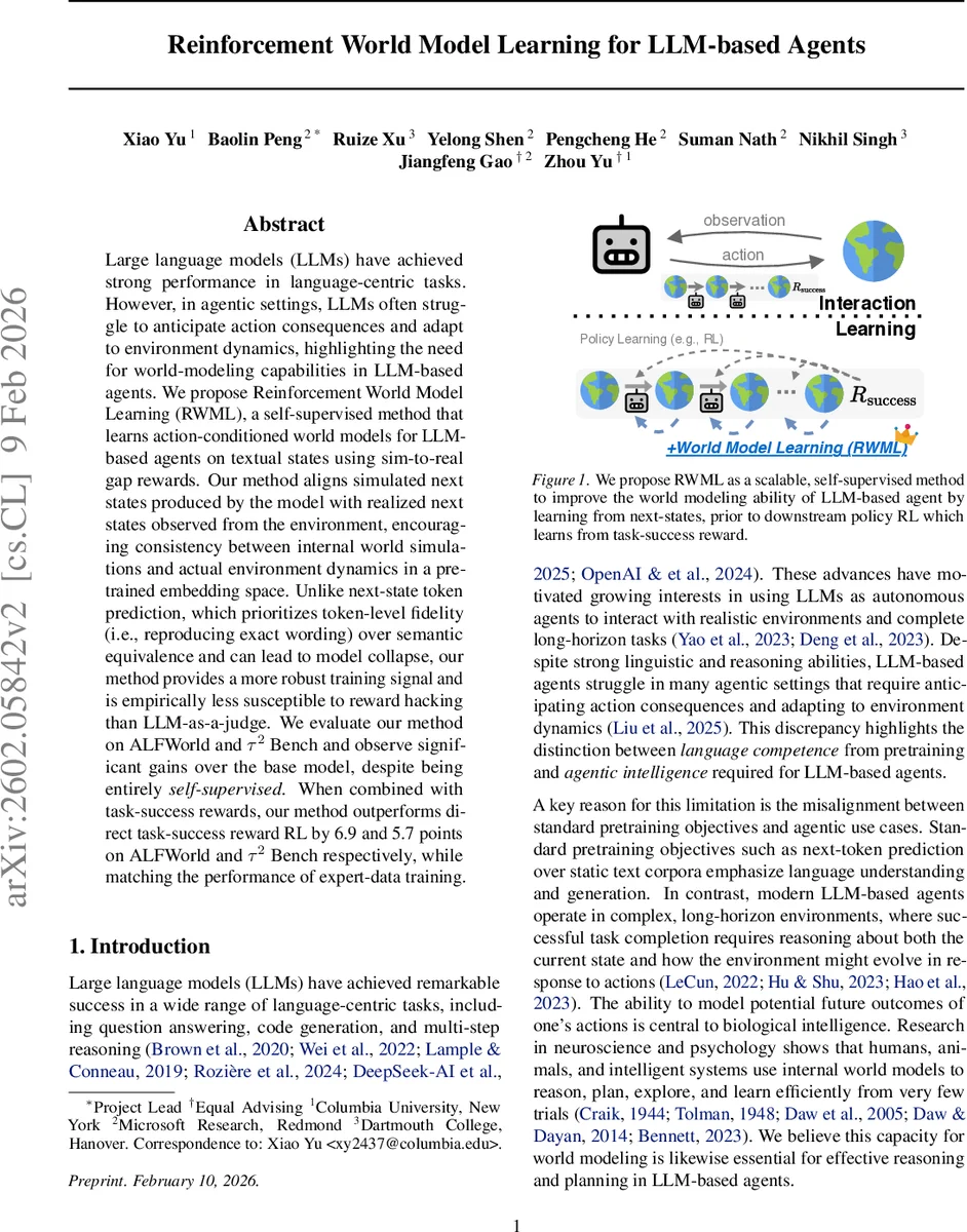 Reinforcement World Model Learning for LLM-based Agents