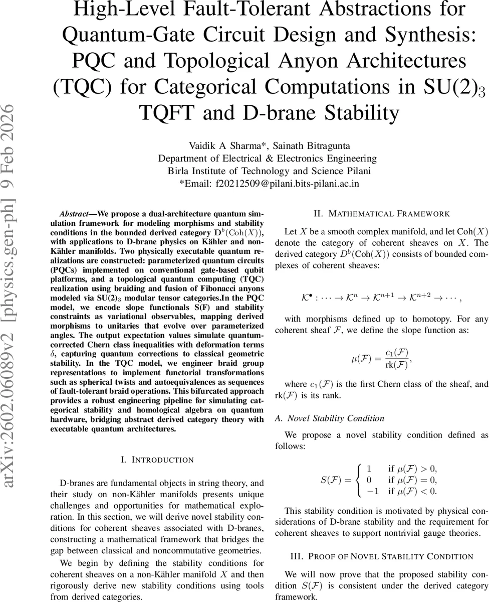 High-Level Fault-Tolerant Abstractions for Quantum-Gate Circuit Design and Synthesis: PQC and Topological Anyon Architectures (TQC) for Categorical Computations in SU(2)_3 TQFT and D-brane Stability