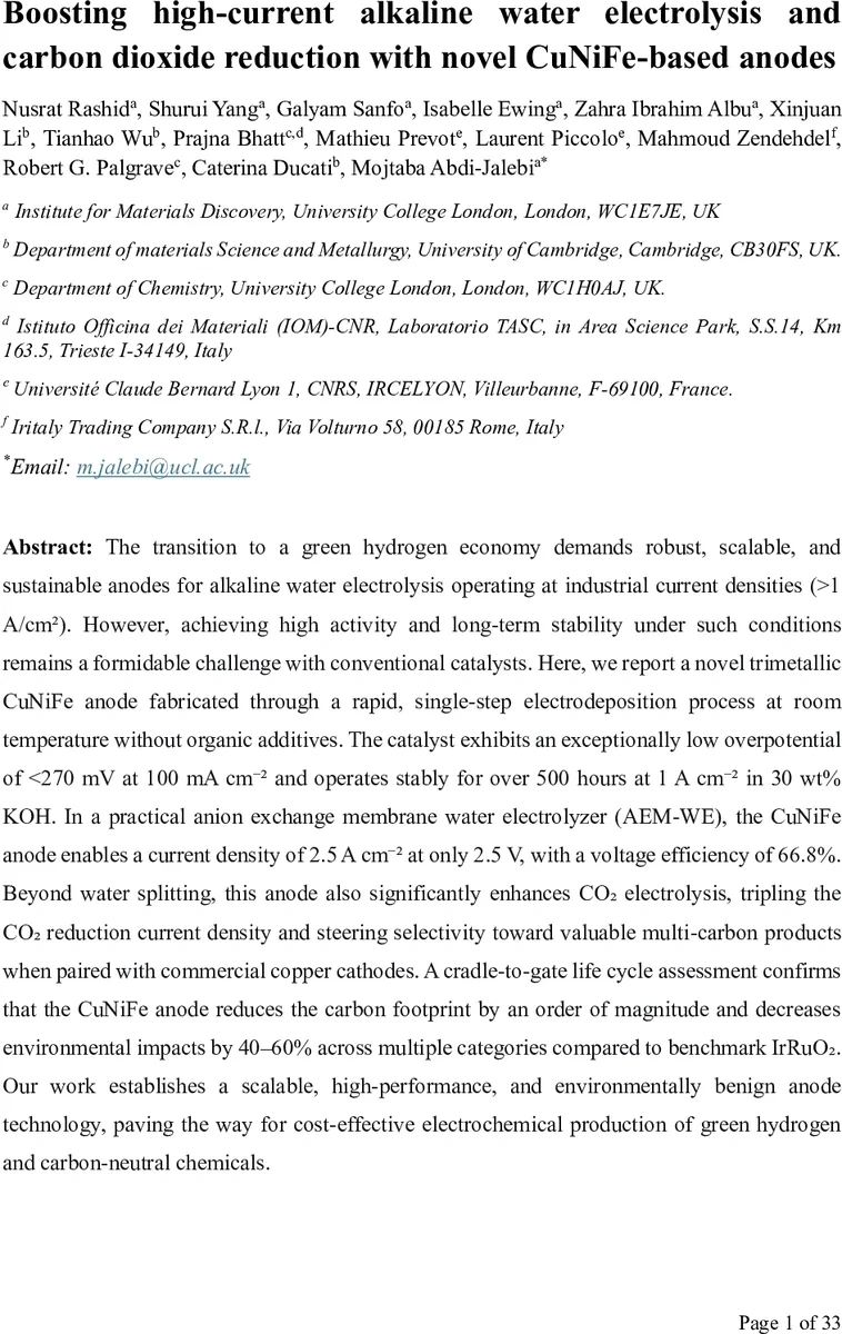 Boosting high-current alkaline water electrolysis and carbon dioxide reduction with novel CuNiFe-based anodes