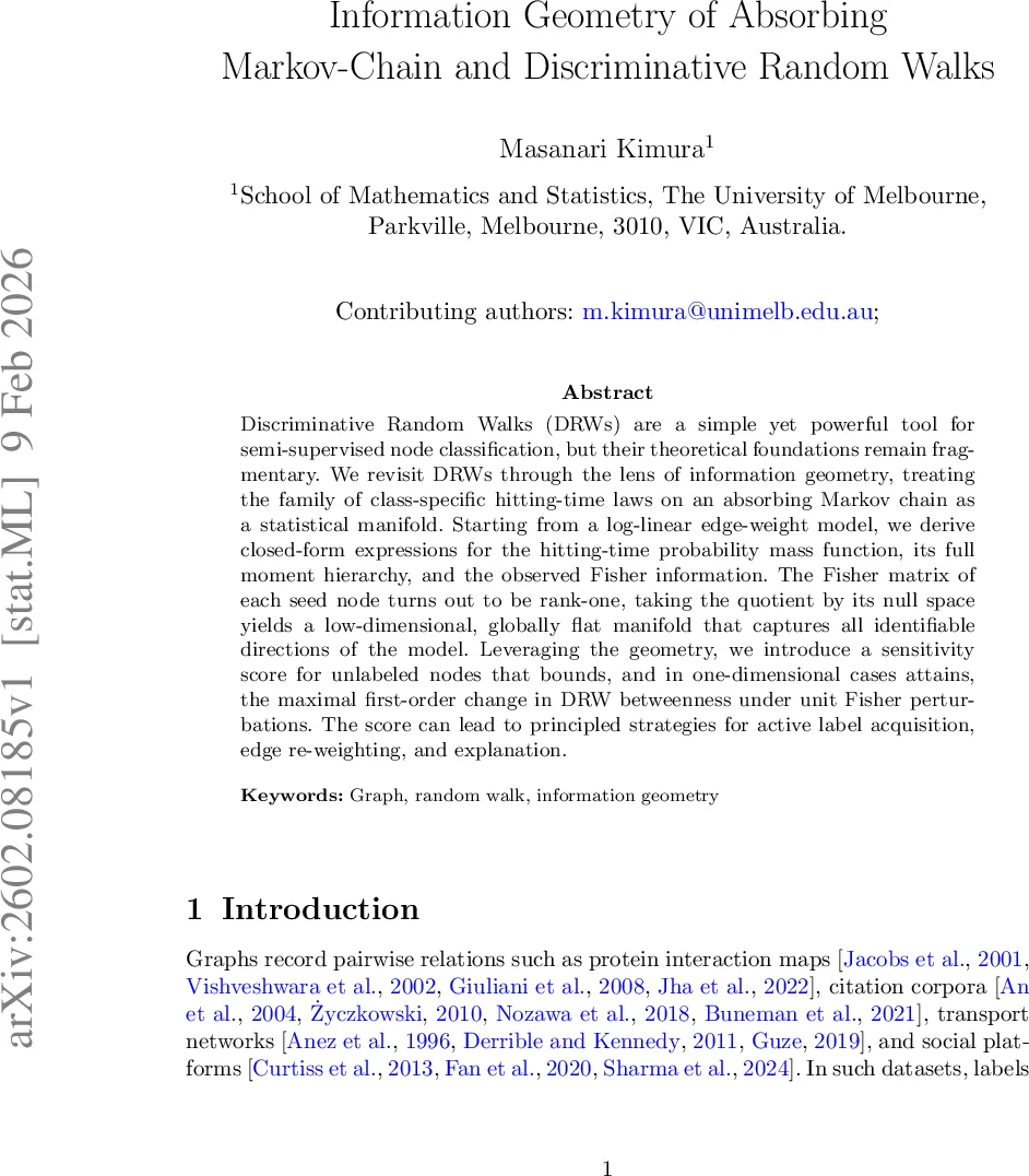 Information Geometry of Absorbing Markov-Chain and Discriminative Random Walks