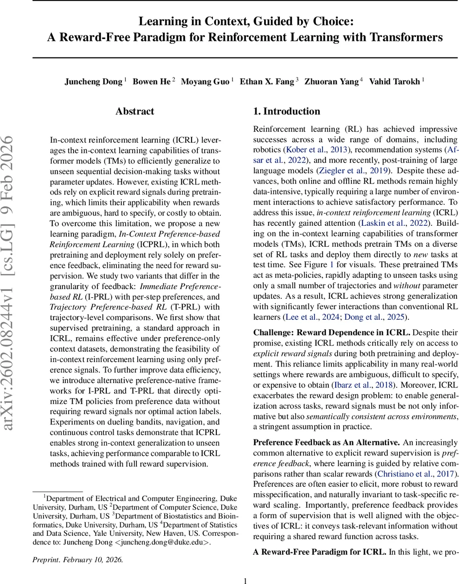 Learning in Context, Guided by Choice: A Reward-Free Paradigm for Reinforcement Learning with Transformers