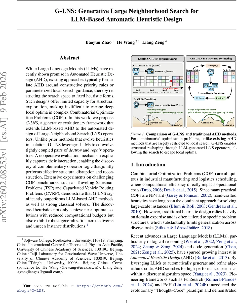 G-LNS: Generative Large Neighborhood Search for LLM-Based Automatic Heuristic Design