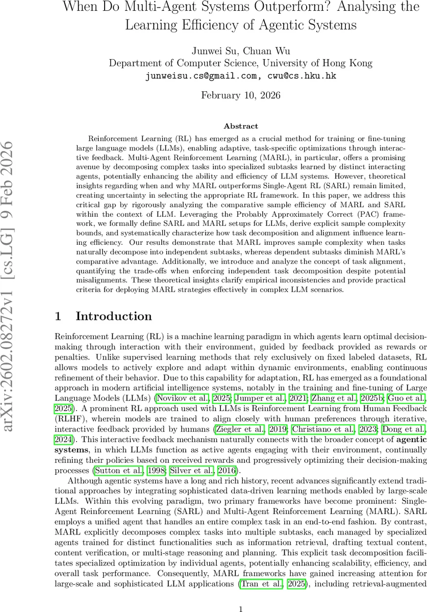 When Do Multi-Agent Systems Outperform? Analysing the Learning Efficiency of Agentic Systems
