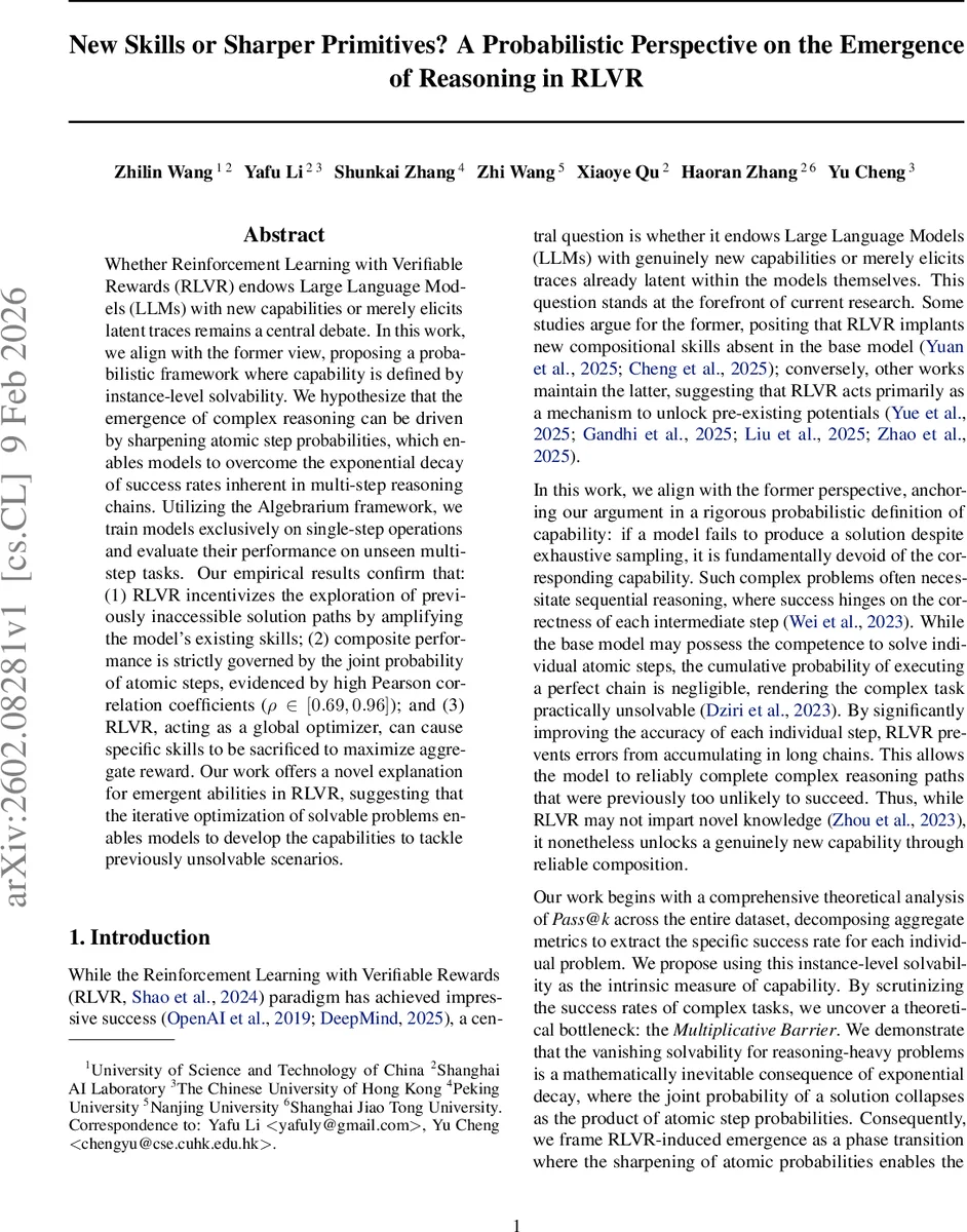 New Skills or Sharper Primitives? A Probabilistic Perspective on the Emergence of Reasoning in RLVR