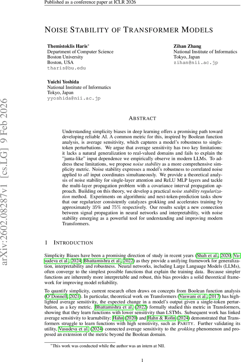 Noise Stability of Transformer Models