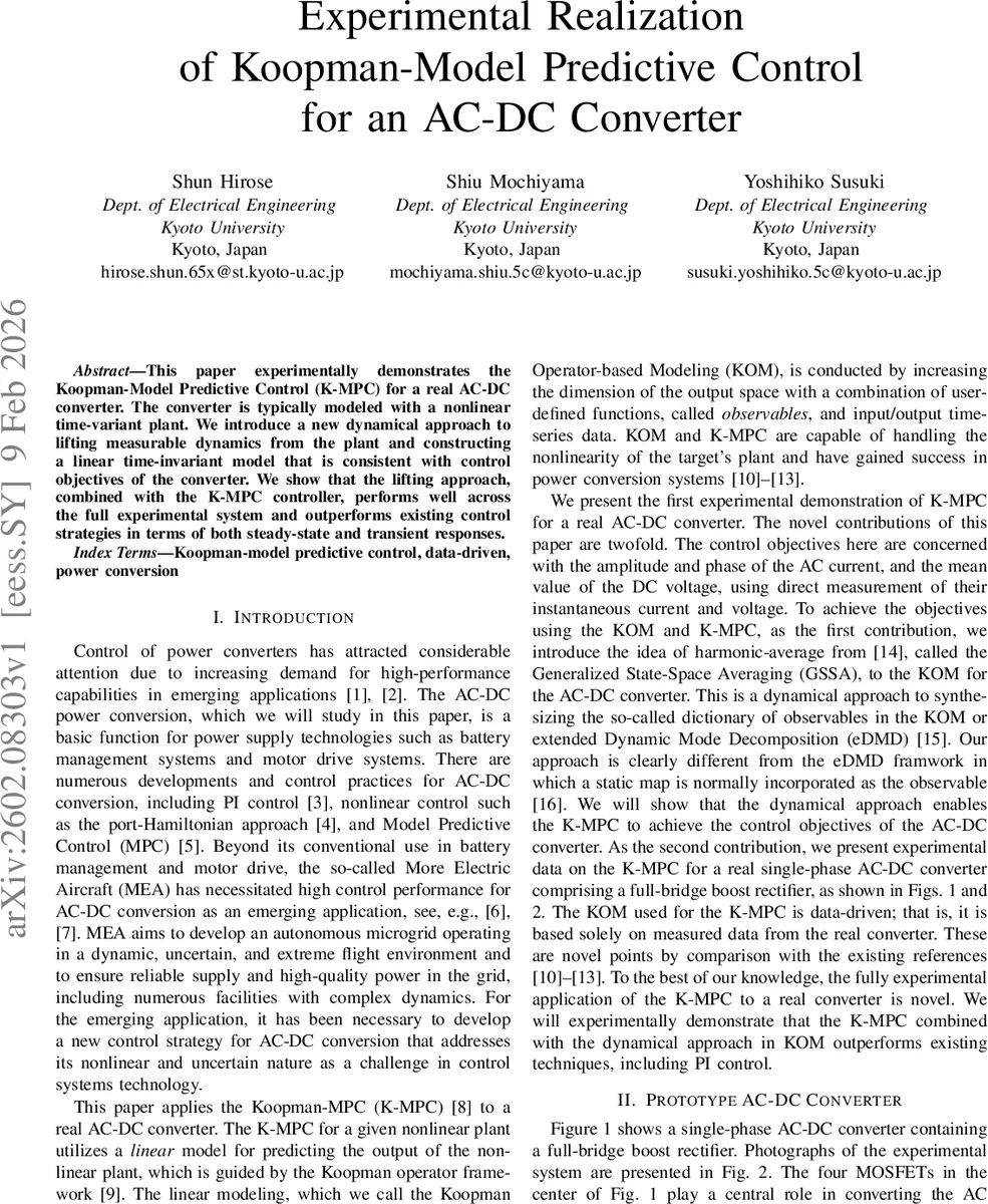 Experimental Realization of Koopman-Model Predictive Control for an AC-DC Converter
