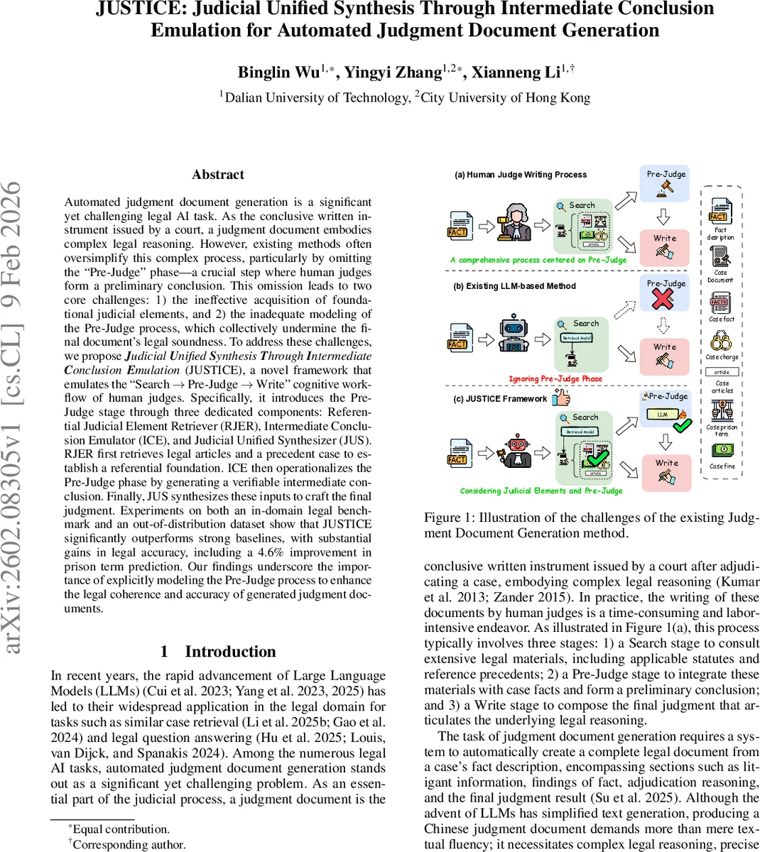 JUSTICE: Judicial Unified Synthesis Through Intermediate Conclusion Emulation for Automated Judgment Document Generation
