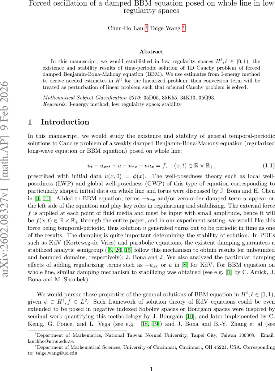 Forced oscillation of a damped BBM equation posed on whole line in low regularity spaces
