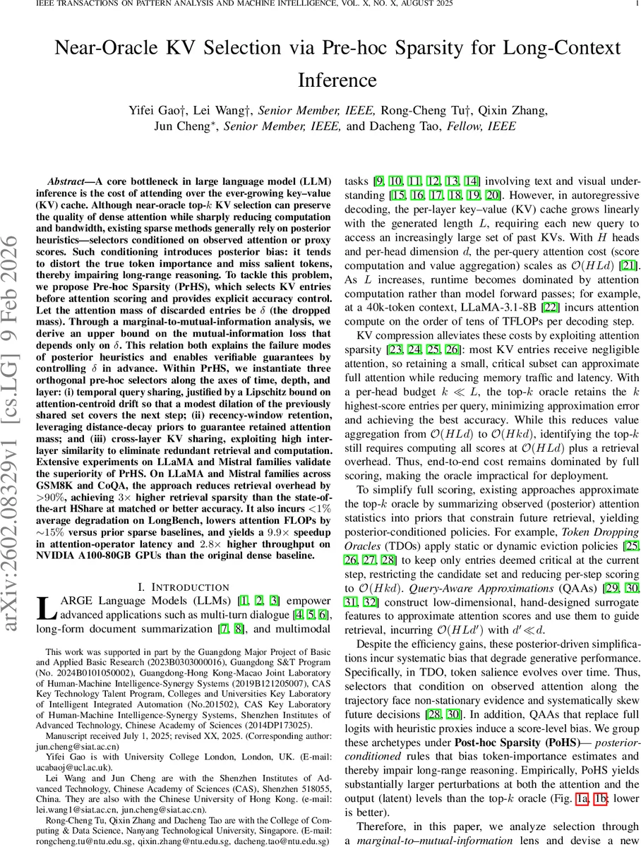 Near-Oracle KV Selection via Pre-hoc Sparsity for Long-Context Inference