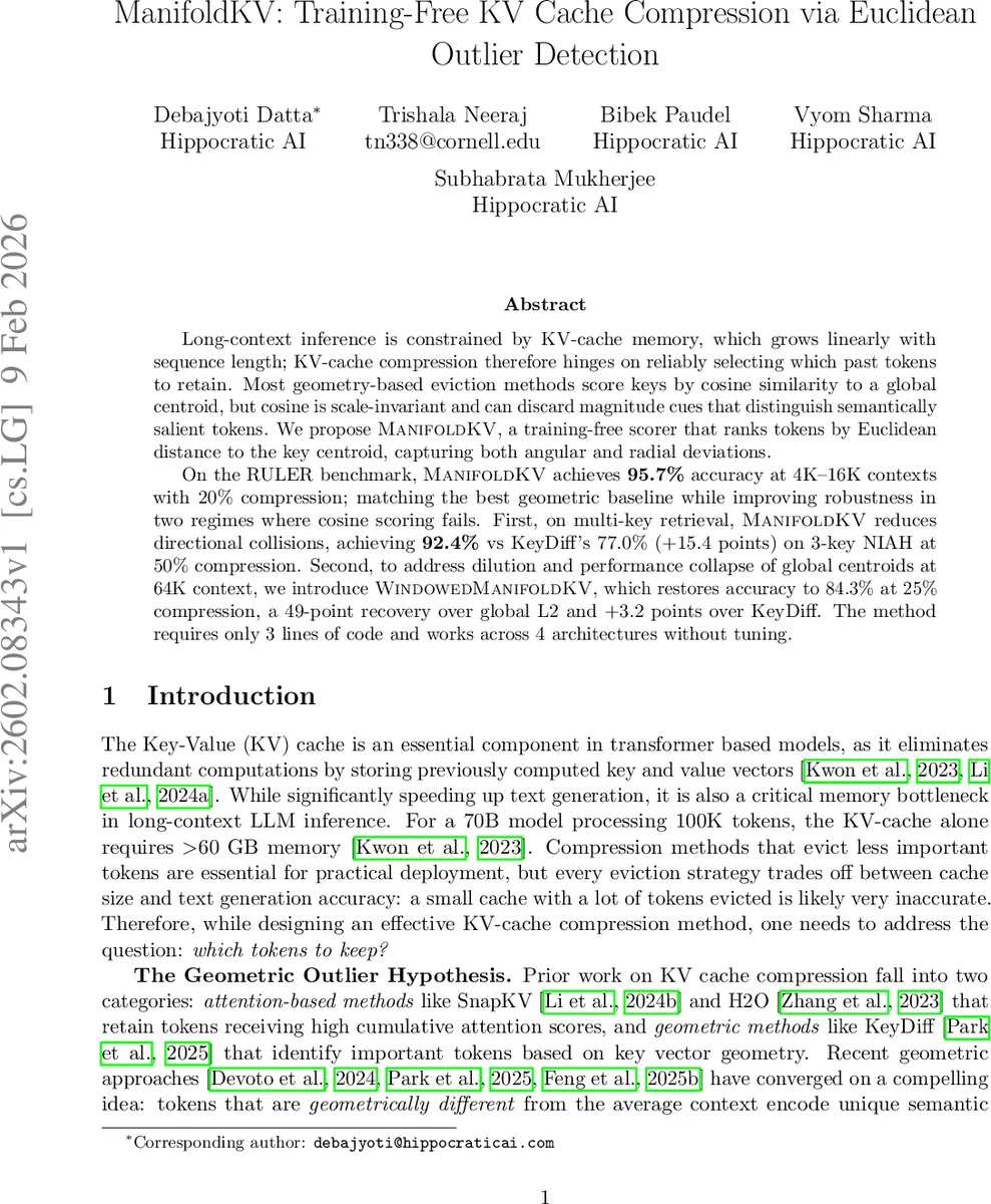 ManifoldKV: Training-Free KV Cache Compression via Euclidean Outlier Detection