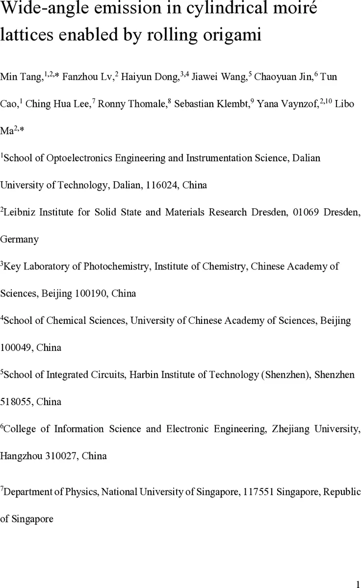 Wide-angle emission in cylindrical moiré lattices enabled by rolling origami