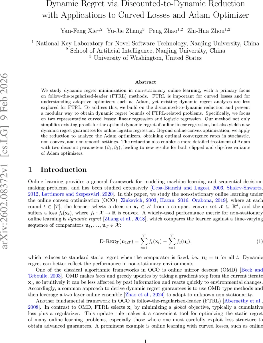 Dynamic Regret via Discounted-to-Dynamic Reduction with Applications to Curved Losses and Adam Optimizer