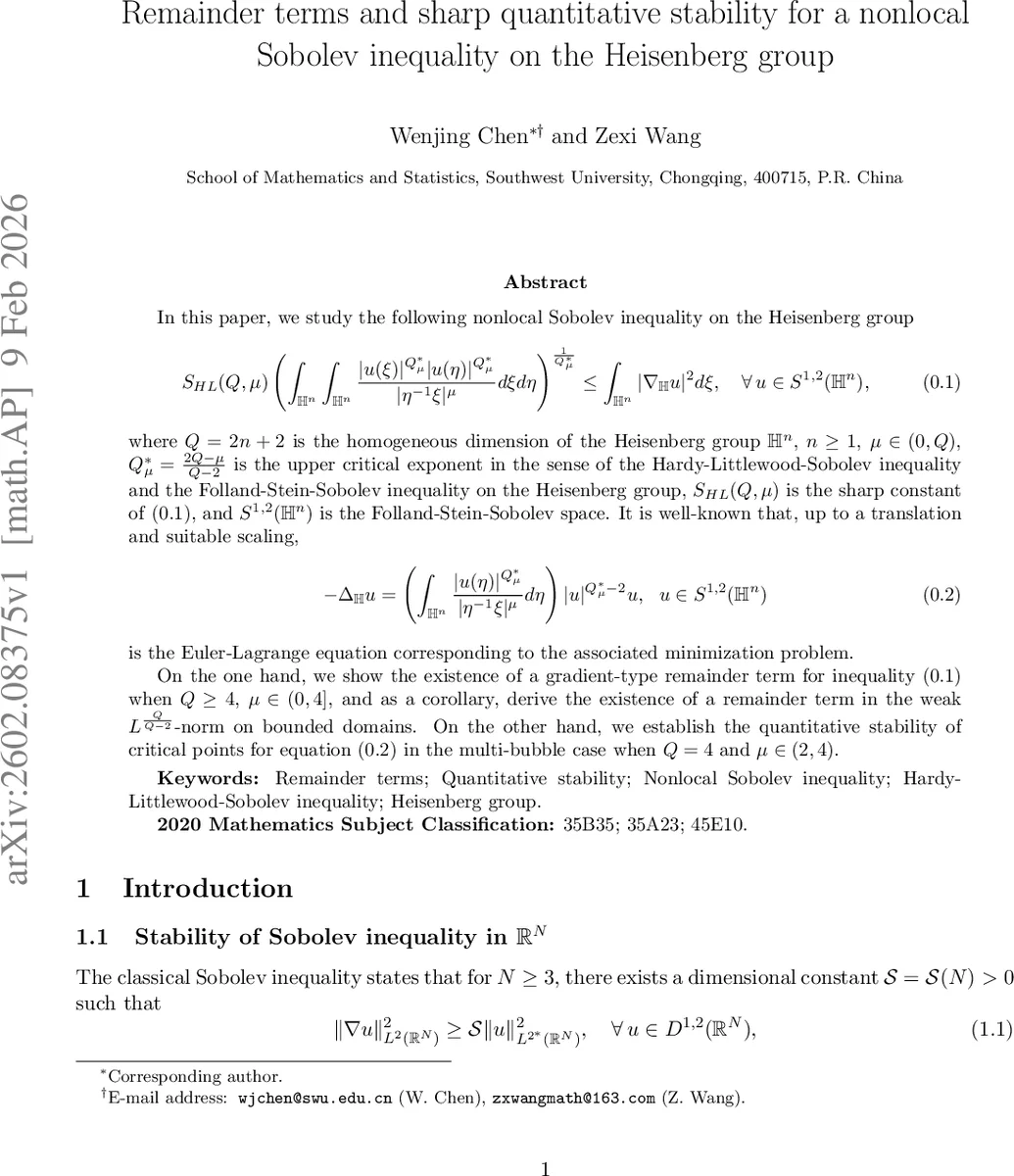 Remainder terms and sharp quantitative stability for a nonlocal Sobolev inequality on the Heisenberg group